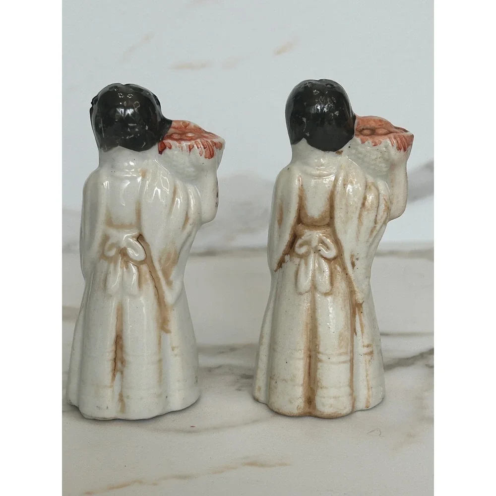 Vintage Ceramic Salt and Pepper Shakers Asian Women with Fruit Baskets Gold Trim